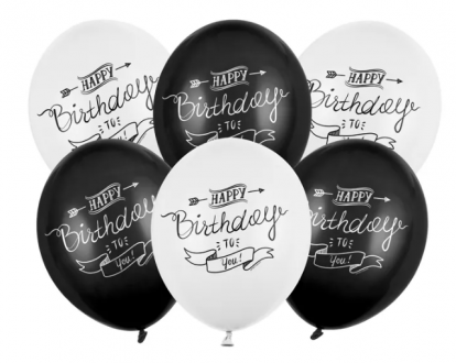 Balionas "Happy Birthday", juodas-baltas (30 cm)