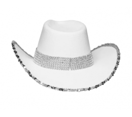 Kaubojiška skrybėlė, balta su sidabro bizgučiais