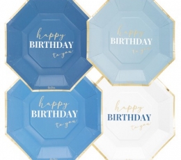Lėkštutės "Happy Birthday", melsvų atspalvių (8 vnt./24 cm) 