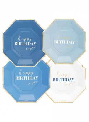 Lėkštutės "Happy Birthday", melsvų atspalvių (8 vnt./24 cm) 