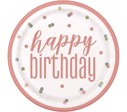 Lėkštutės "Happy Birthday", tamsiai persikinės (8 vnt./22 cm)