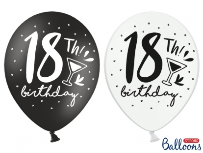 Balionai "18th Birthday", juodi-balti (6 vnt./30 cm)