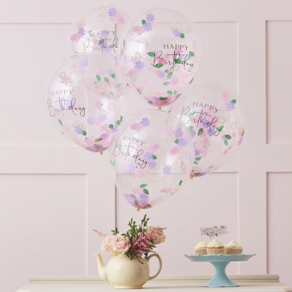 Balionai "Happy Birthday" su gėlyčių  konfeti (5 vnt./30 cm)