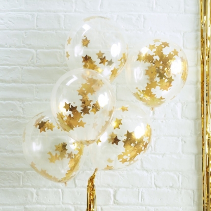 Balionai, skaidrūs su aukso žvaigždžių konfeti (5 vnt./30 cm)