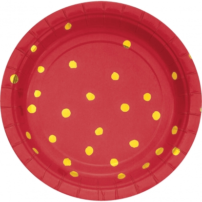 Lėkštutės, raudonos-auksinės taškuotos (8 vnt./18 cm)