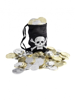 Pirato pinigų maišelis su monetomis