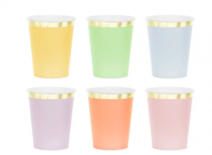 Puodeliai, įvairiaspalviai aukso krašeliu (6 vnt./200 ml)