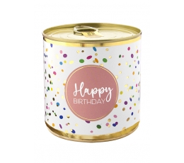 Staigmena-pyragėlis skardinėje "Happy Birthday Confetti", su žvakute (8,5 cm/140 g.)