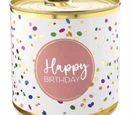 Staigmena-pyragėlis skardinėje "Happy Birthday Confetti", su žvakute (8,5 cm/140 g.)