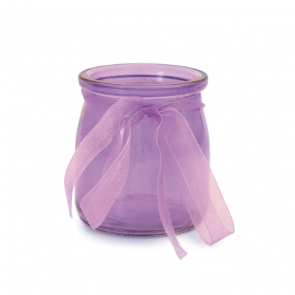 Stiklinė vazelė su kaspinėliu, violetinė (7,5x6,5 cm)