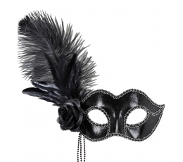 Venecijietiška kaukė su plunksnomis ir rože, juoda