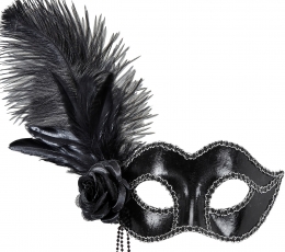 Venecijietiška kaukė su plunksnomis ir rože, juoda