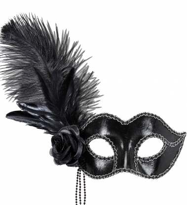 Venecijietiška kaukė su plunksnomis ir rože, juoda