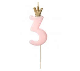 Žvakutė-smeigtukas "3", rausva su karūna