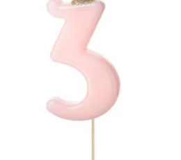 Žvakutė-smeigtukas "3", rausva su karūna 
