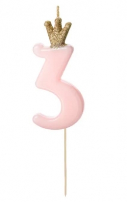 Žvakutė-smeigtukas "3", rausva su karūna 