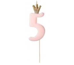 Žvakutė-smeigtukas "5", rausva su karūna