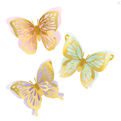 3D dekoratsioonid "Kuldsed liblikad" (3 tk.)