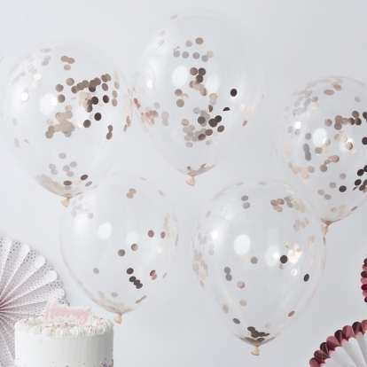 Õhupallid, läbipaistvad roosakas -kuldsete konfettidega (5 tk./30 cm)