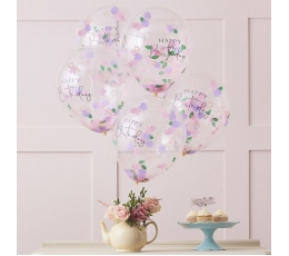 Baloni "Happy Birthday", caurspīdīgi ar ziedu konfettī (5 gab/30 cm)