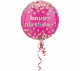 Folija balons "Happy birthday ", rozā ar zelta punktiņiem (45 cm)