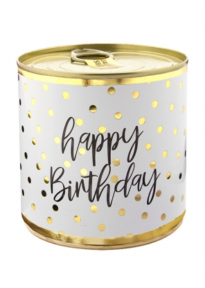 Pārsteiguma kūka skārdenē "Happy birthday", ar svecīti (8,5 cm/160 g)