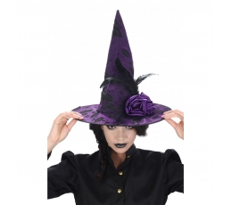 Raganas cepure ar ziediem un spalvām, violeta