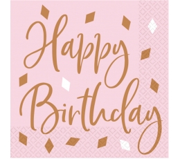 Salvetes"Happy Birthday", rozā - zelta ( 16 gab.)