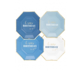 Šķīvīši "Happy Birthday", zilos toņos (8 gab./24 cm)