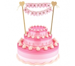 Tortes dekorācija "Happy Birthday", rozā-zelta (25 cm)