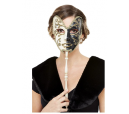 Venēcijas acu maska ​​ar kociņu, melna - krēmkrāsas, spīdīga