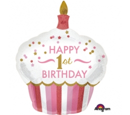 Воздушный шарик из фольги "Торт на 1 день рождения", розовый (73х91 см)