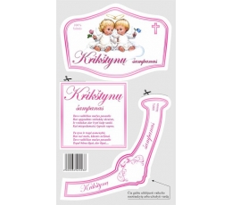 Etiketės "Krikštynų šampanas", rausvos, su angeliukais (5 vnt.)