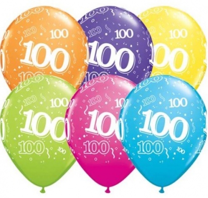 Balionai "100", įvairiaspalviai (6 vnt./28 cm)