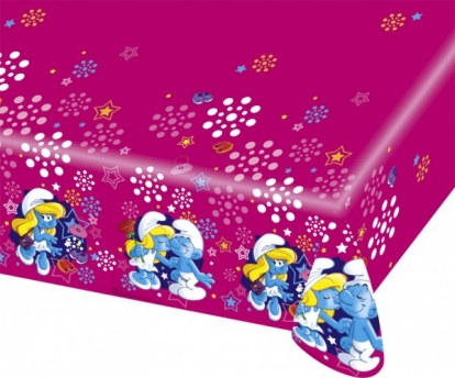 Plastikinė staltiesė "Smurfai"/rožinė (1.20 m. x 1.80 m)