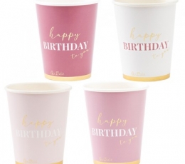 Puodeliai "Happy Birthday", rausvų atspalvių (8 vnt./250 ml)     