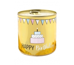Staigmena-pyragėlis skardinėje "Happy Birthday Gold", su žvakute (8,5 cm/160 g.)