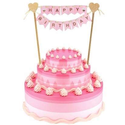 Torto dekoracija "Happy birthday", rausva-auksinė (25 cm)