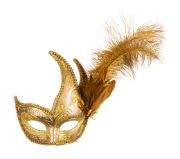 Venecijietiška kaukė, auksinė su plunksna 