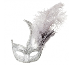 Venecijietiška kaukė, sidabrinė su plunksna 
