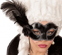 Venecijietiška kaukė su plunksnomis ir rože, juoda 1