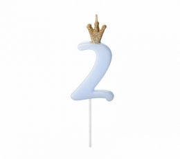 Žvakutė-smeigtukas "2", melsva su karūna 