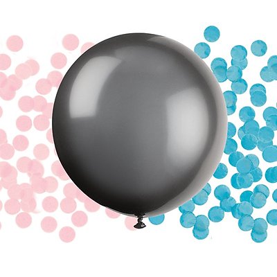 Didelis balionas "Kas gims?", su rausvais/žydrais konfeti (1 vnt./60 cm)